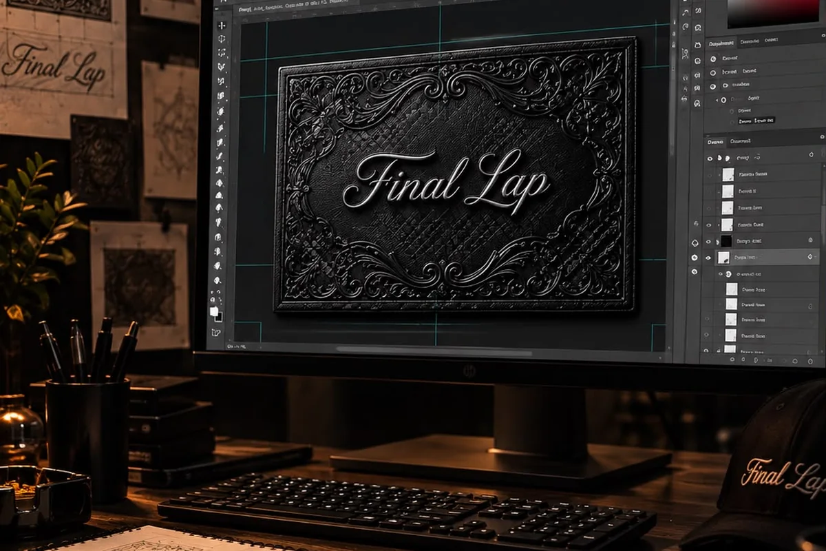 Final Lap embossed leather tag design in progress in Photoshop